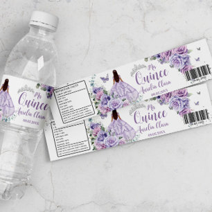 Purple Floral Princess Silver Quinceañera Quince  Water Bottle Label