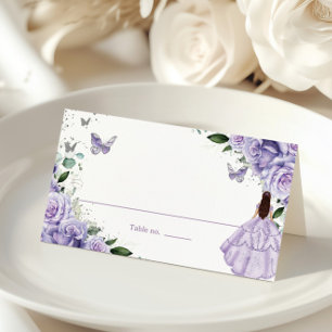 Purple Floral Princess Silver Quinceanera XV 16 Place Card
