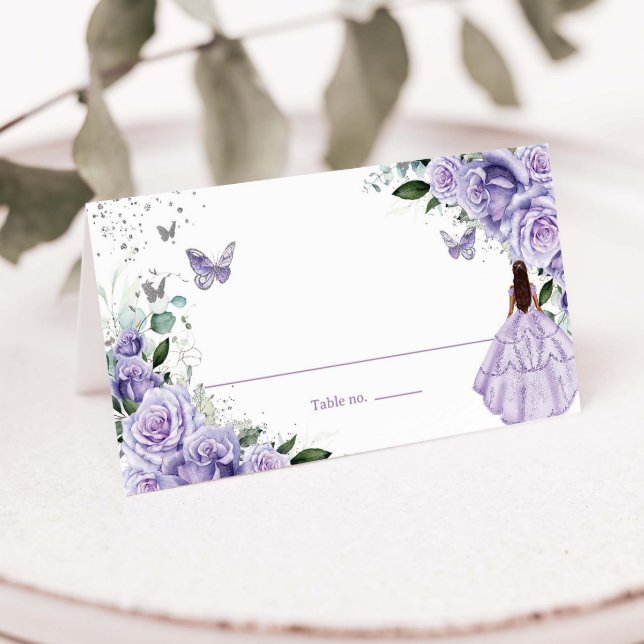 Purple Floral Princess Silver Quinceañera XV 16 Place Card (Creator Uploaded)