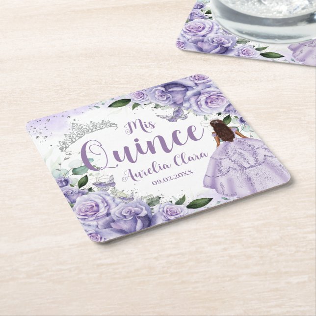 Purple Floral Princess Silver Quinceañera XV 16 Square Paper Coaster (Angled)