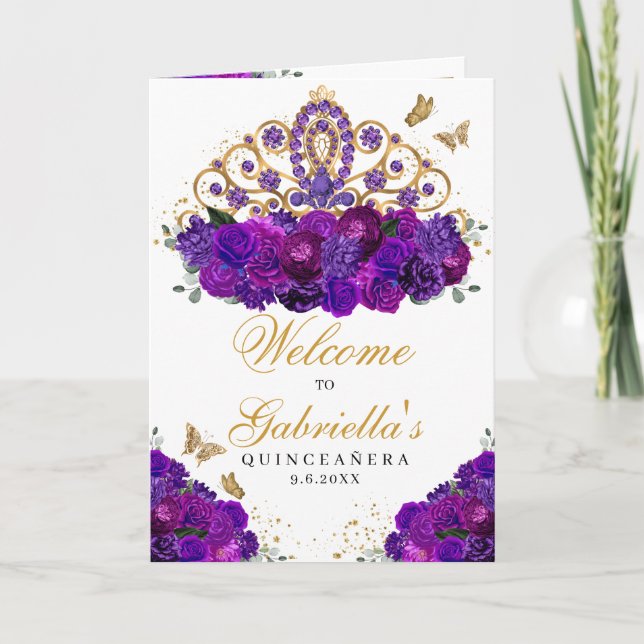 Purple Floral Princess Tiara Quinceanera Program (Front)