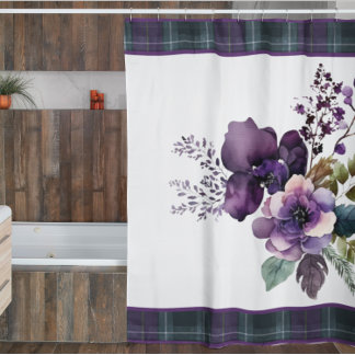 Purple Floral Purple & Green Plaid Shower Curtain