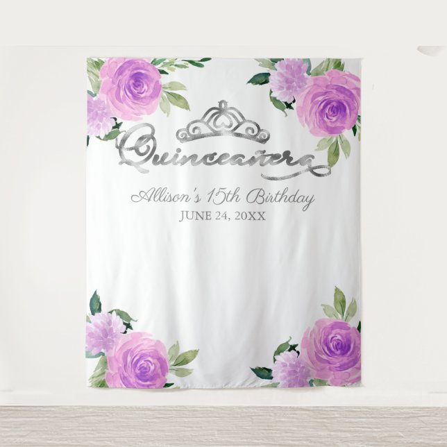 Purple Floral Quinceanera Backdrop Tapestry (Front)
