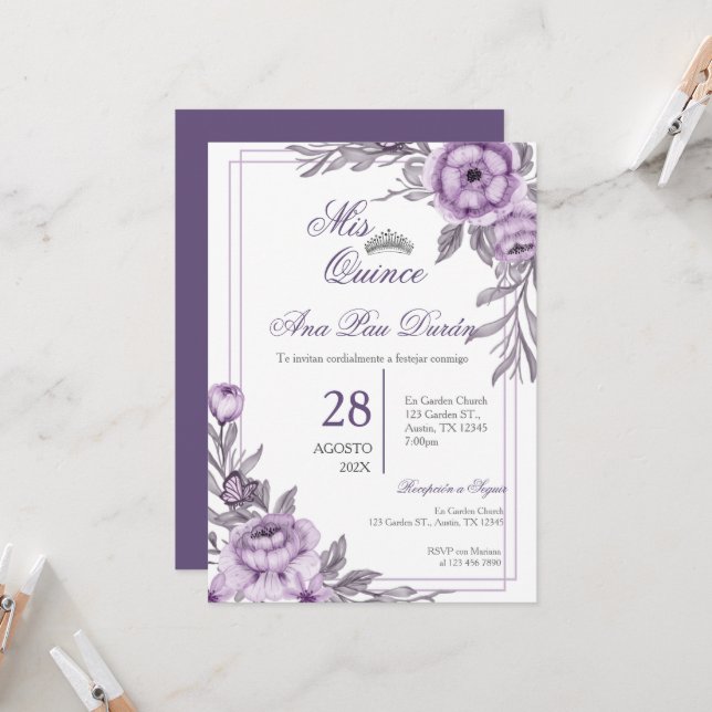 Purple Floral Quinceanera Invitation (Front/Back In Situ)