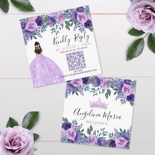 Purple Floral Quinceanera QR Code RSVP Enclosure Card (Purple Floral Quinceanera QR Code RSVP Enclosure Card)