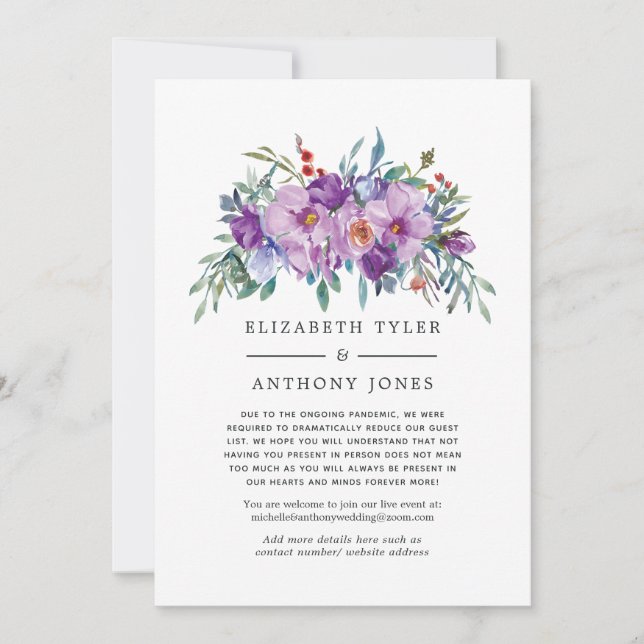 Purple Floral Reduced Wedding Guest List Announcement (Front)