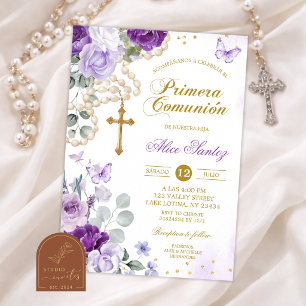 Purple Floral Rosary Catholic First Holy Communion Invitation
