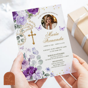 Purple Floral Rosary Catholic Funeral Invitation