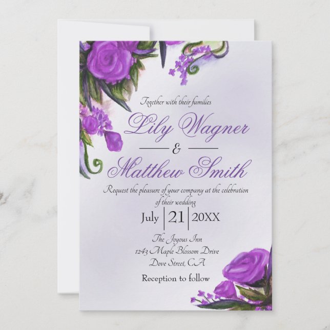 Purple Floral Rose Faire-part de mariage (Devant)