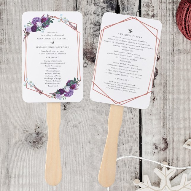 Purple Floral Rose Gold Bloom Wedding Program Hand Fan (Purple Floral Wedding Program Hand Fan)