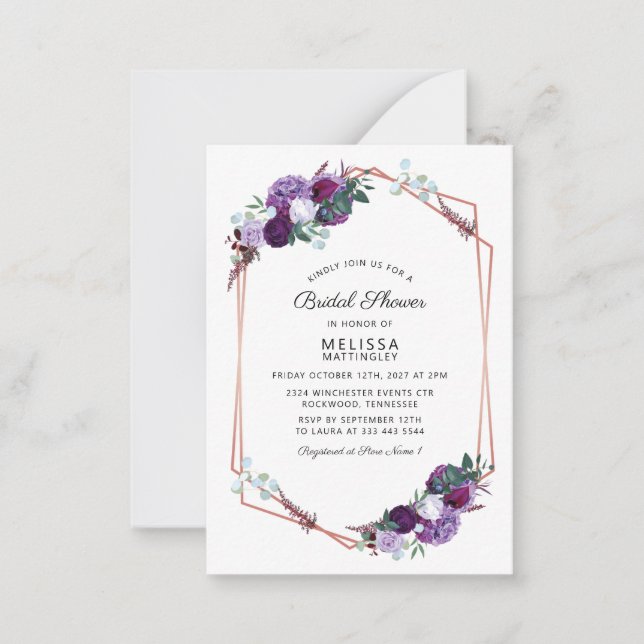 Purple Floral Rose Gold Frame Bridal Shower Card (Front)