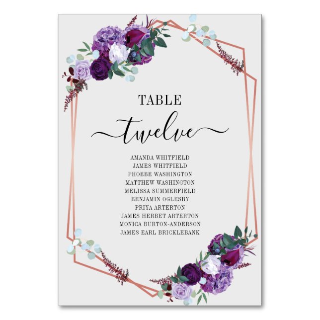Purple Floral Rose Gold Frame Wedding Table Number (Front)