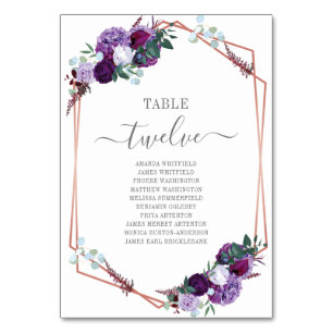 Purple Floral Rose Gold Frame Wedding Table Number