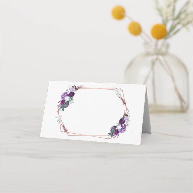 Purple Floral Rose Gold Geometric Frame Wedding Place Card (Front)