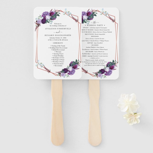 Purple Floral Rose Gold Geometric Wedding Program Hand Fan (Front and Back)