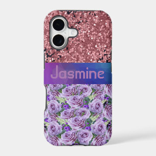 Purple Floral Rose Pink Glitter Sparkles Name