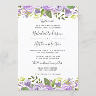 Purple Floral Rose Watercolor Wedding Invitation