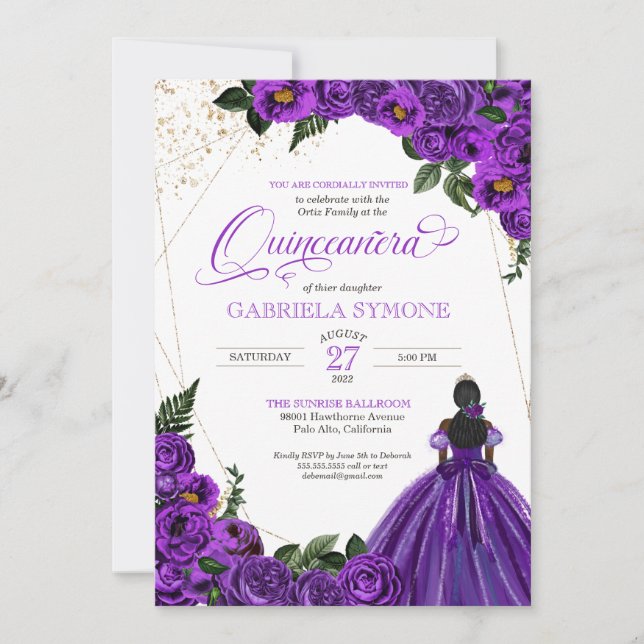 Purple Floral Roses Elegant Afrolatina Quinceanera Invitation (Front)