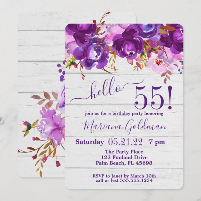 Purple Floral Rustic 55th Birthday Party Invitation (Front/Back)