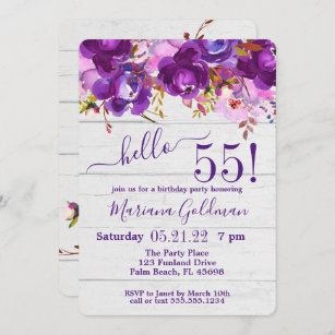 Purple Floral Rustic 55th Birthday Party Invitation