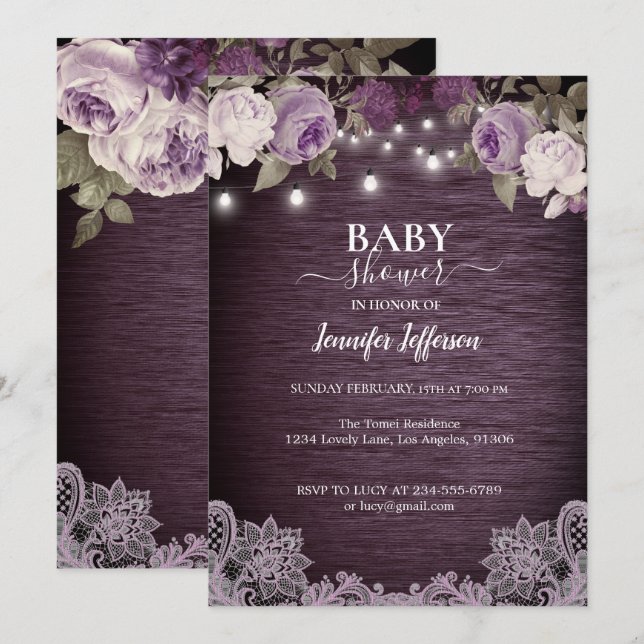Purple Floral Rustic Baby Shower Invitation (Front/Back)