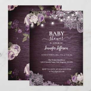 Purple Floral Rustic Baby Shower Invitation