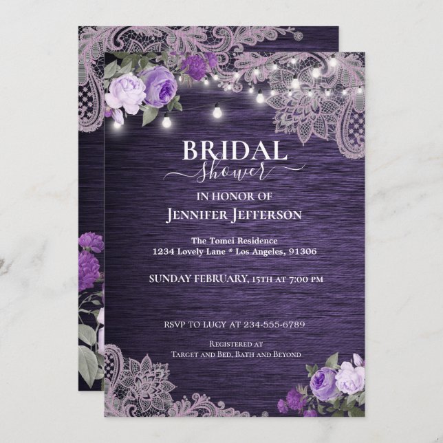 Purple Floral Rustic Bridal Shower Invitation (Front/Back)