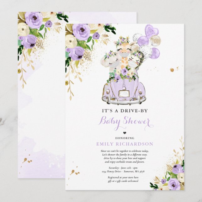 Purple Floral Safari Animals Drive By Baby Shower Invitation (Front/Back)