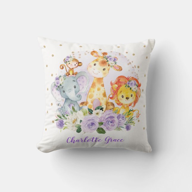 Purple Floral Safari Jungle Animals Girl Nursery Throw Pillow (Front)