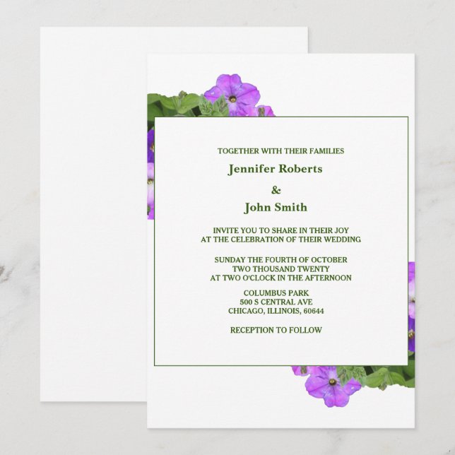 Purple Floral Sage Green Violet Simple Wedding Invitation (Front/Back)