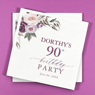 Purple Floral Script 90th Birthday  Napkin