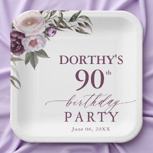 Purple Floral Script 90th Birthday Paper Plate
