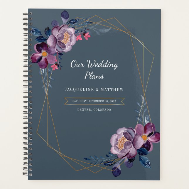 Purple Floral Script Faux Gold Mariage géométrique (Devant)
