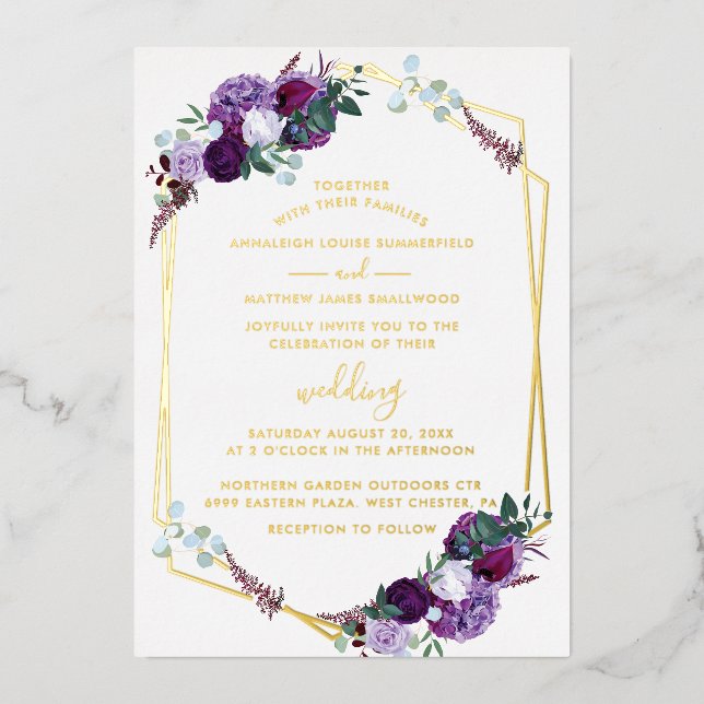 Purple Floral Script Geometric Wedding Gold (Front)
