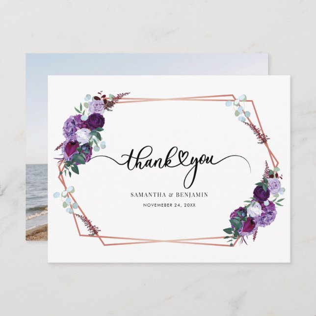 Purple Floral Script Wedding Thank You Card (Front/Back)