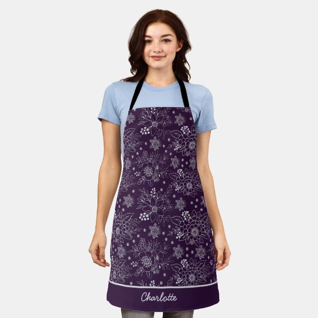 Purple floral seamless pattern personalized name  apron (Worn)