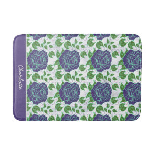 Purple floral seamless pattern personalized name bath mat