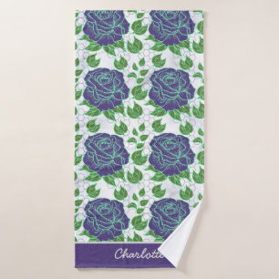 Purple floral seamless pattern personalized name  bath towel