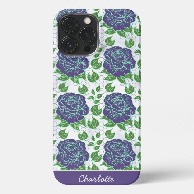 Purple floral seamless pattern personalized name iPhone case (Back)