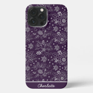 Purple floral seamless pattern personalized name iPhone 13 pro max case