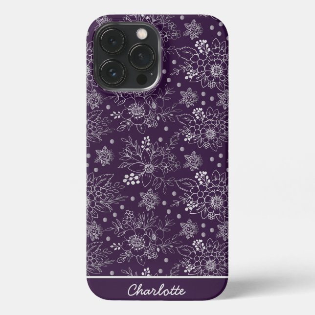Purple floral seamless pattern personalized name iPhone case (Back)