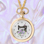 Purple Floral Sewing Machine Necklace Watch<br><div class="desc">This sewing themed necklace watch is ready to be personalized with her name or moogtsm. Printed with a black vintage style sewing machine accented with a lavish bouquet of lavender colour watercolor flowers. Just edit the name text in the "personalize it" button. Your choice of gold tone or silver tone,...</div>