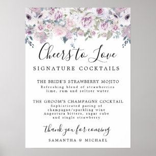 Purple Floral Signature Cocktails Wedding Bar Sign