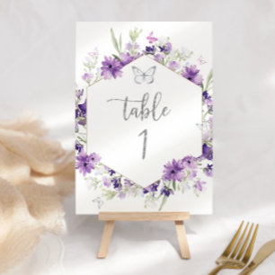 Purple floral silver butterfly table number