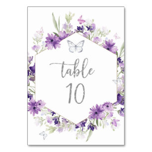Purple floral silver butterfly table number