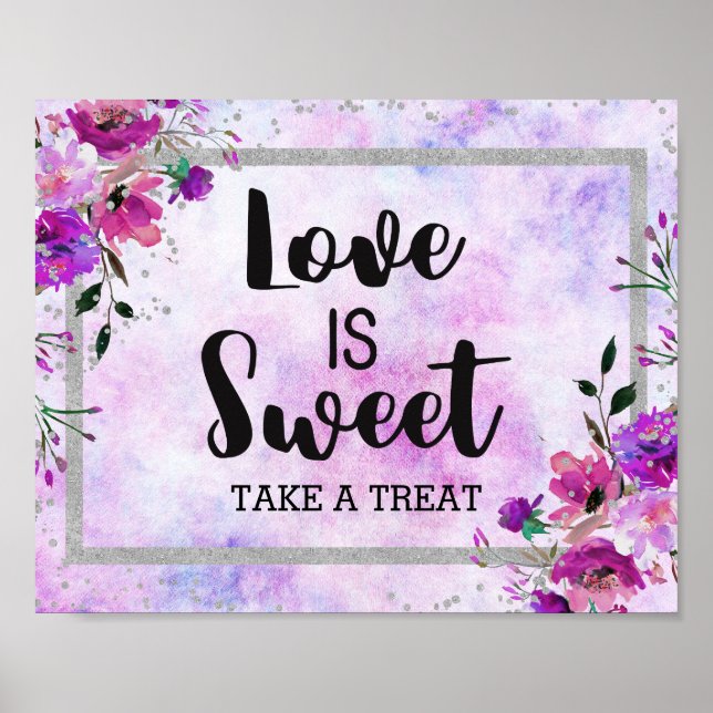 Purple Floral & Silver Confetti Love is Sweet Poster (Front)