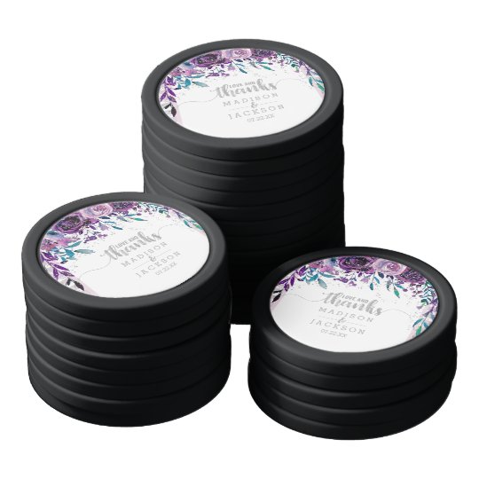 Purple Floral & Silver Confetti Wedding Favour Set Of Poker Chips