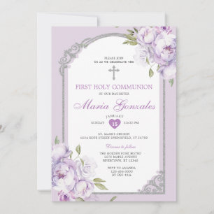 Purple Floral Silver Cross First Holy Communion Invitation