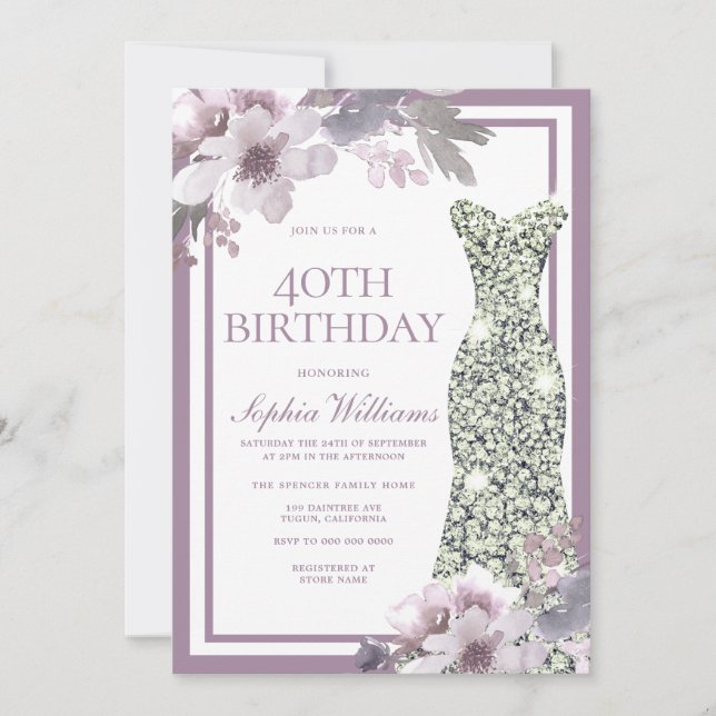 Purple Floral Silver Diamond Dress 40th Birthday Invitation (Front)