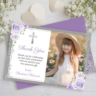 Purple Floral Silver First Holy Communion Photo Thank You Card